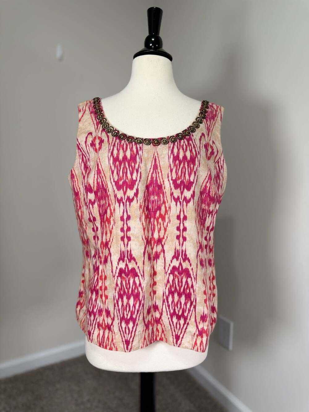 Jones New York Pink Ikat 100% Linen Tank Top Beaded Neckline Boho Cottagecore